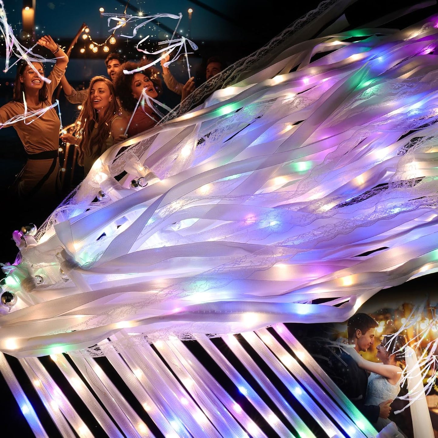 LED Wedding Ribbon Wands with Bells | Light Up Silk Fairy Streamers Wedding Send Off