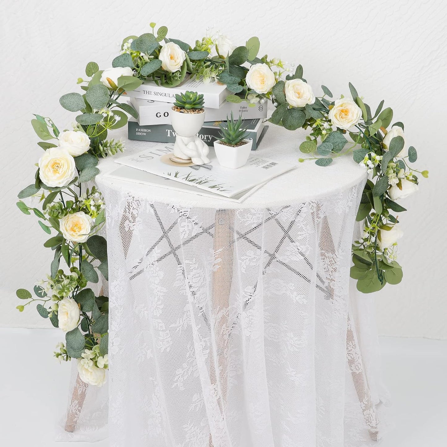 5pcs Artificial Eucalyptus Flower Garland with White Roses, Fake Rose Flower Greenery Garland Floral Vines for Wedding Home Party Table Runner Decor