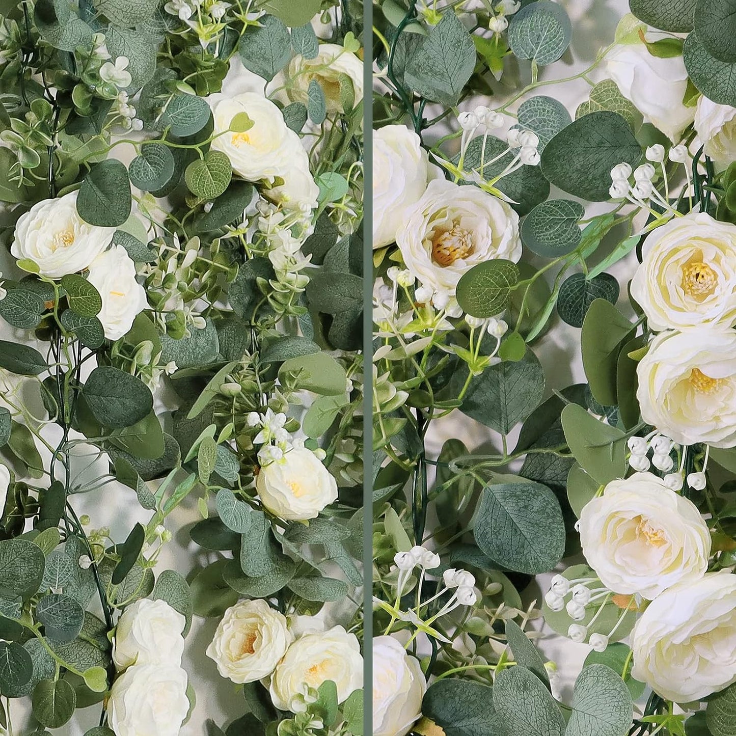 5pcs Artificial Eucalyptus Flower Garland with White Roses, Fake Rose Flower Greenery Garland Floral Vines for Wedding Home Party Table Runner Decor