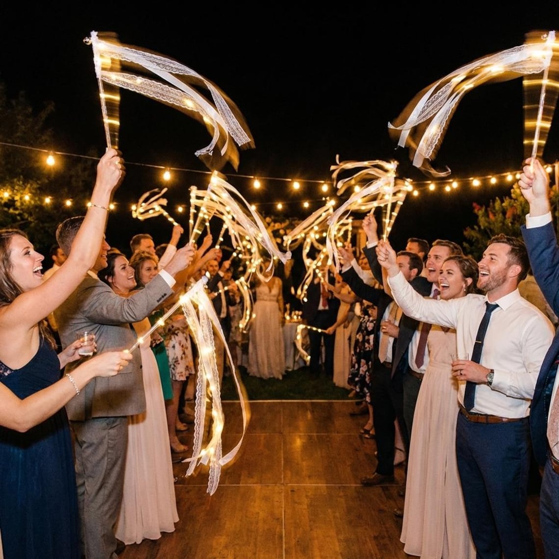 LED Wedding Ribbon Wands with Bells | Light Up Silk Fairy Streamers Wedding Send Off
