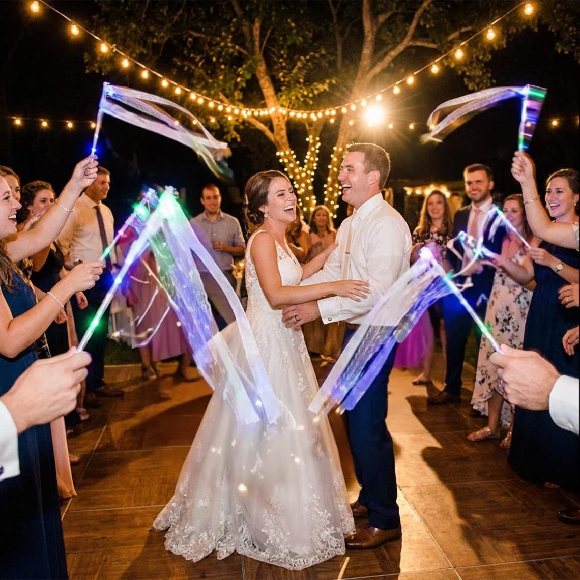 LED Wedding Ribbon Wands with Bells | Light Up Silk Fairy Streamers Wedding Send Off