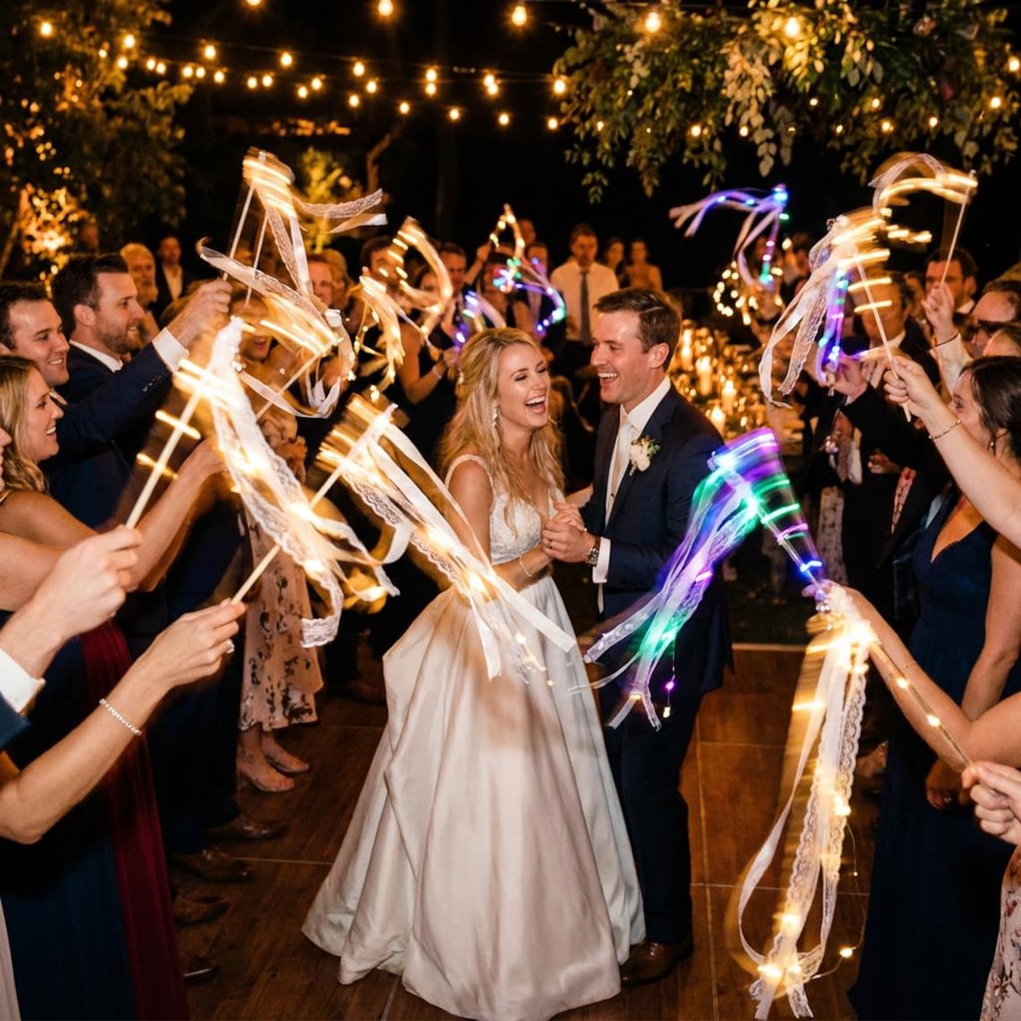 LED Wedding Ribbon Wands with Bells | Light Up Silk Fairy Streamers Wedding Send Off