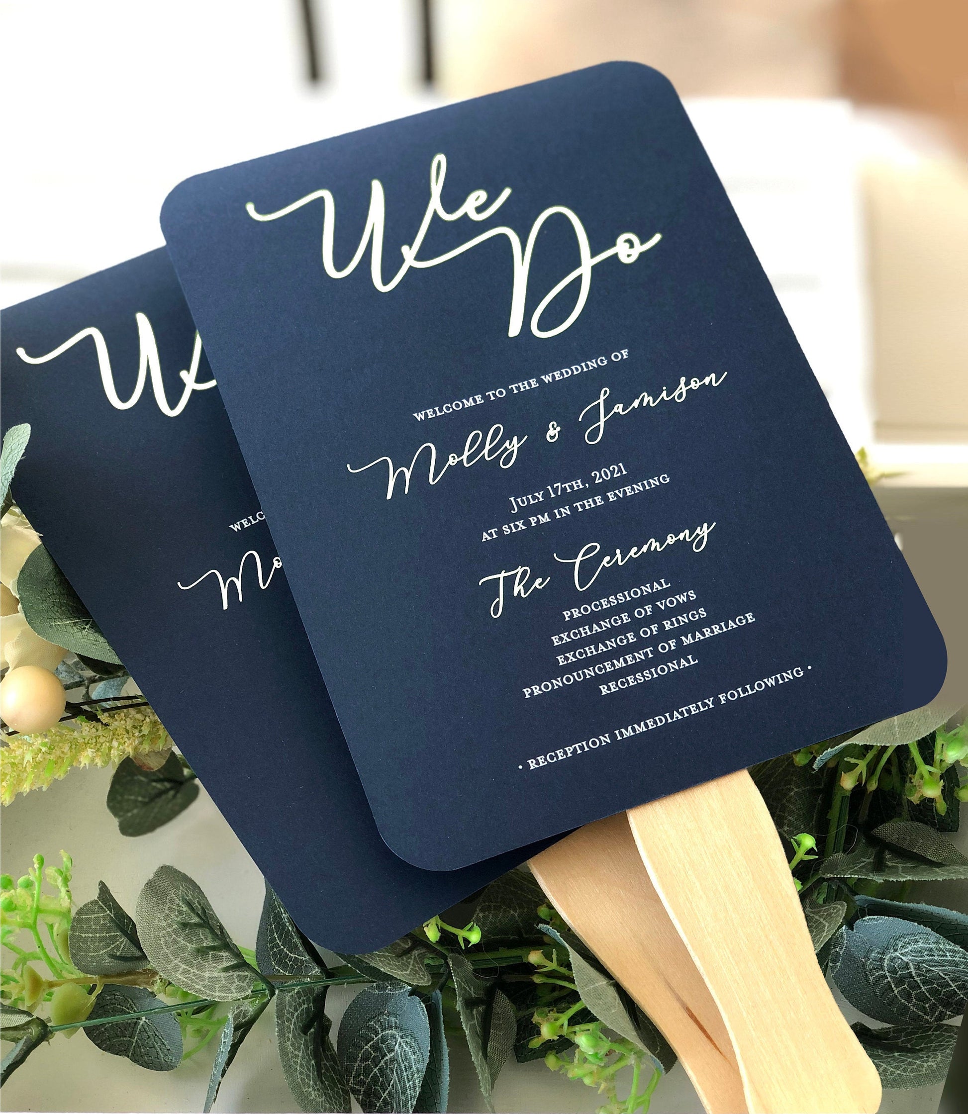 We Do Wedding Program Fans Navy and White - Wooden Sticks Included - Navy Blue Wedding Program Fans - White Custom Text, You Assemble