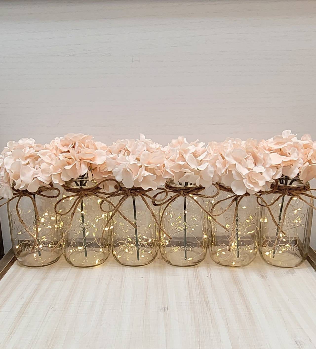 Blush Premium Hydrangea Lighted Mason Jar Centerpiece, Wedding Decor, Baby Shower, Bridal Shower, Graduation, Celebration of Life Service