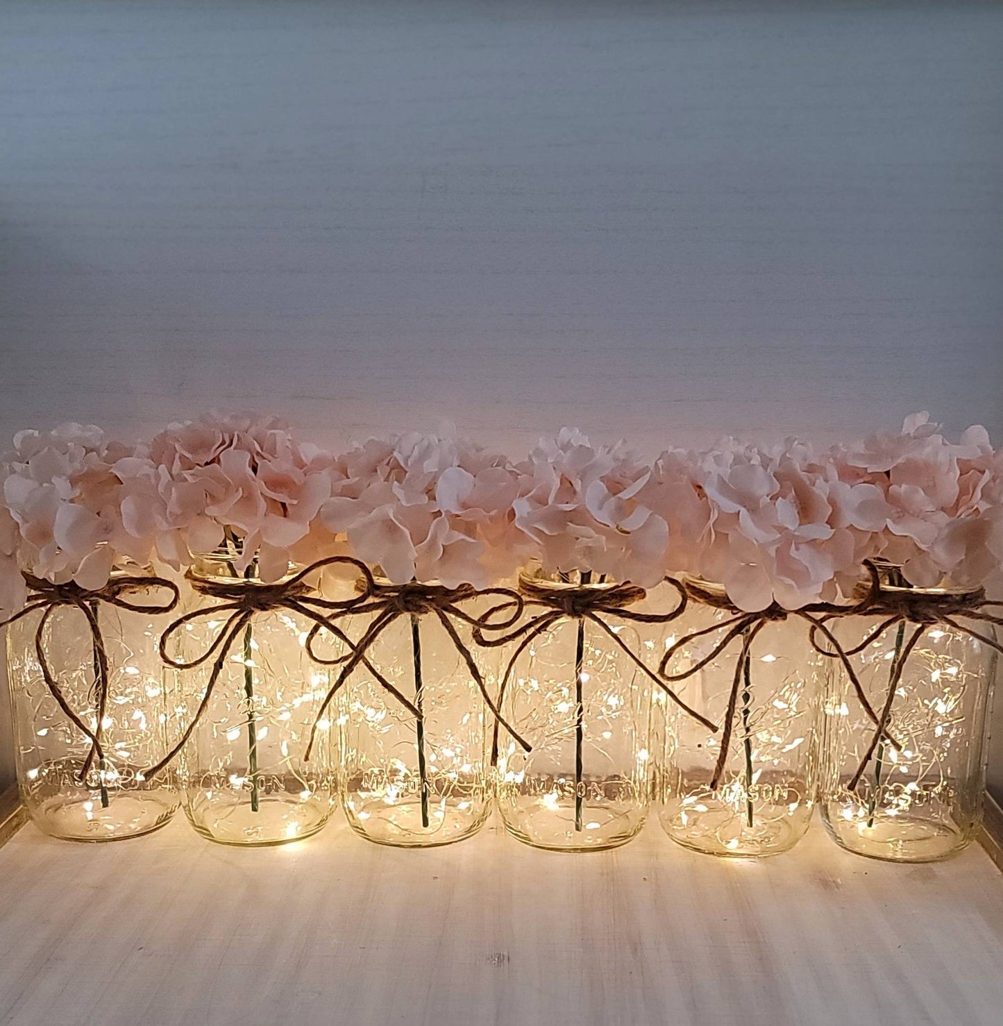 Blush Premium Hydrangea Lighted Mason Jar Centerpiece, Wedding Decor, Baby Shower, Bridal Shower, Graduation, Celebration of Life Service