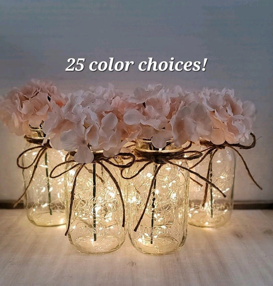 Blush Premium Hydrangea Lighted Mason Jar Centerpiece, Wedding Decor, Baby Shower, Bridal Shower, Graduation, Celebration of Life Service