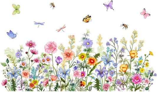 Colorful Floral Wall Decals Wildflowers Flower Wall Stickers Butterfly Green Plant Wall Mural Peel and Stick Flowers Wall Decor DIY