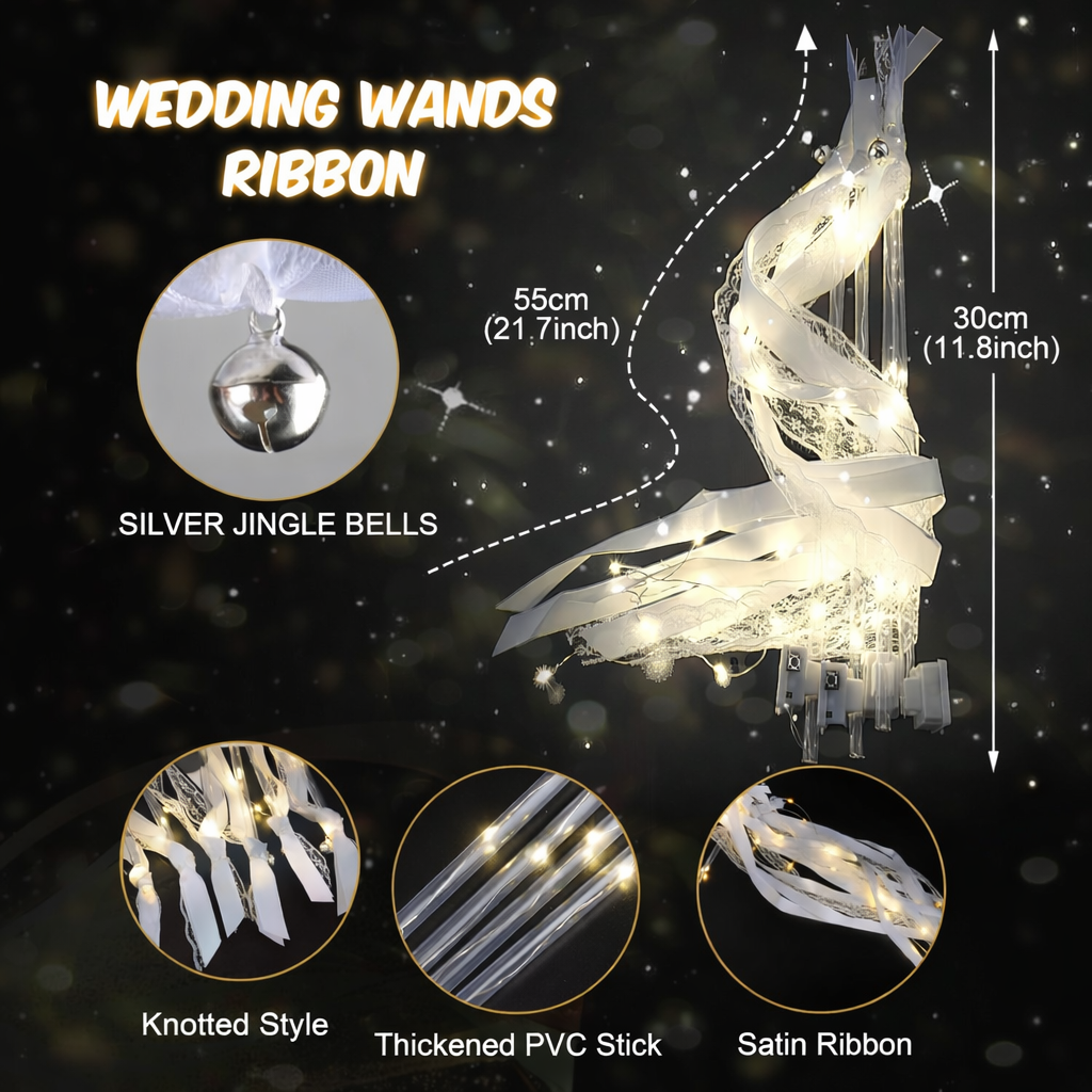 LED Wedding Ribbon Wands with Bells | Light Up Silk Fairy Streamers Wedding Send Off