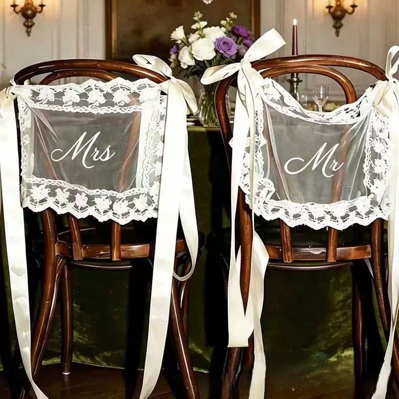 MR & MRS / Bride & Groom Wedding Chair Signs - Elegant Lace Just Married Signs Decor Sheer Lace for Chairs