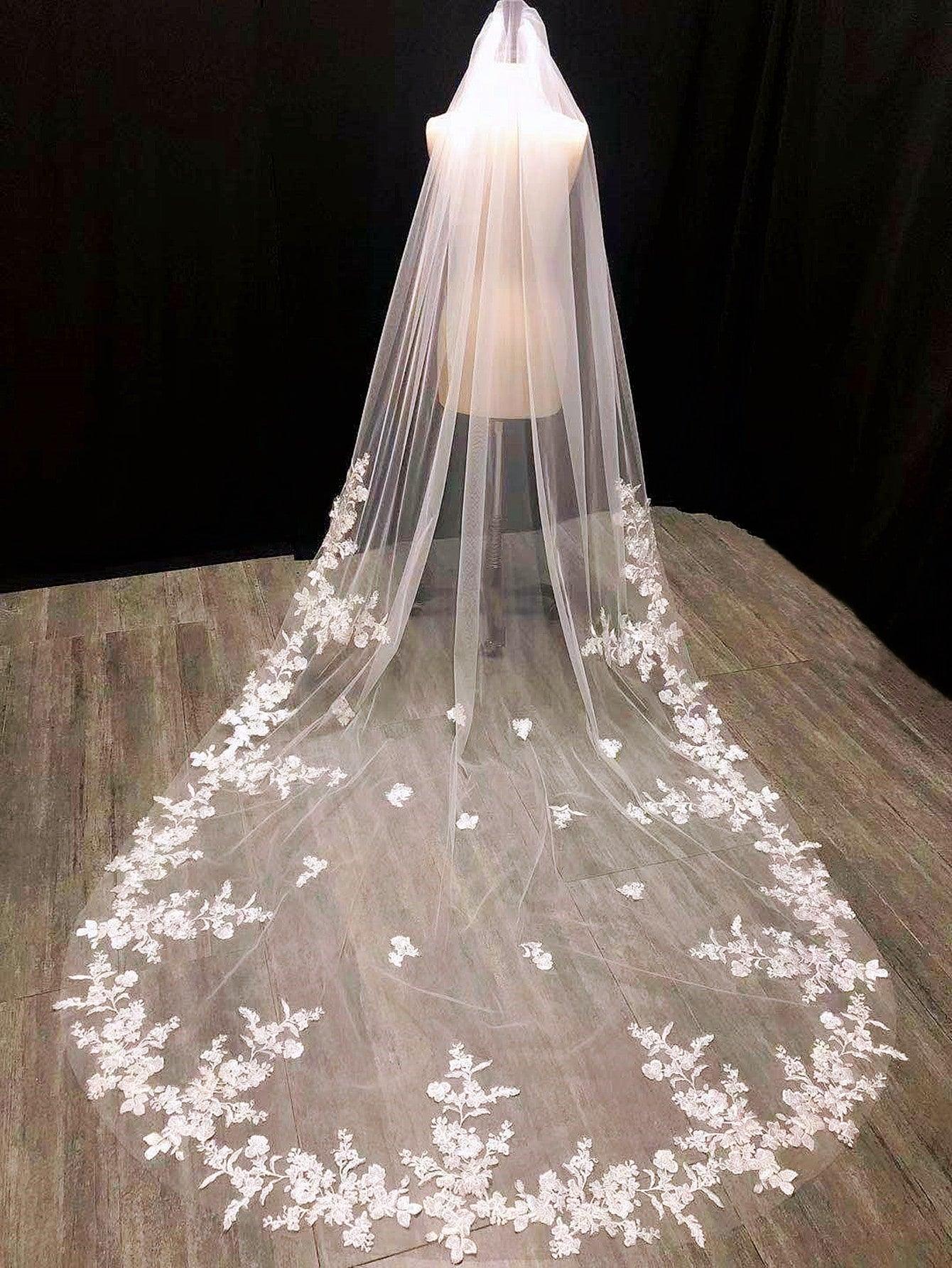 Flower Embroidered Extra Long Bridal Veil - If you say i do