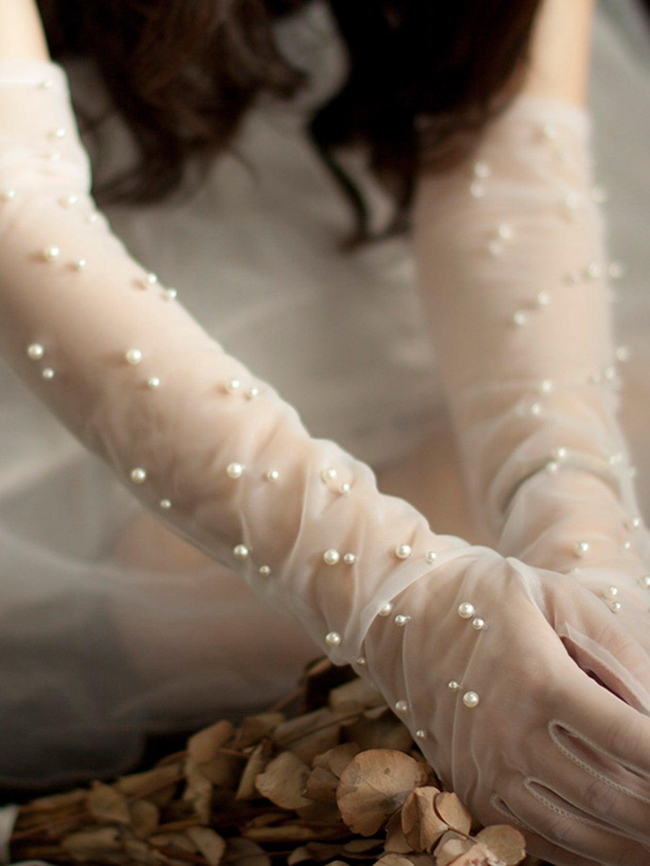 Faux Pearl Decor Bridal Gloves - If you say i do