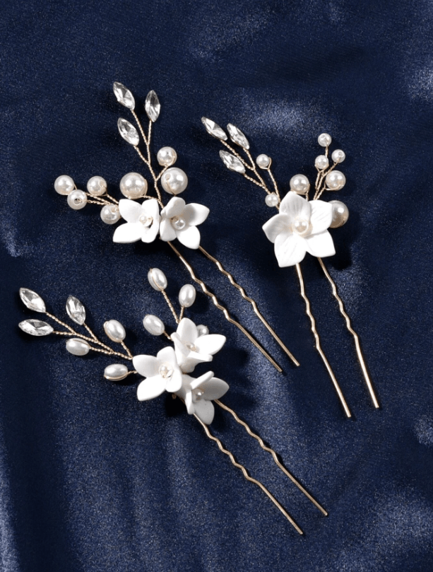 3pcs Flower & Faux Pearl Decor Wedding Hair Pin - If you say i do