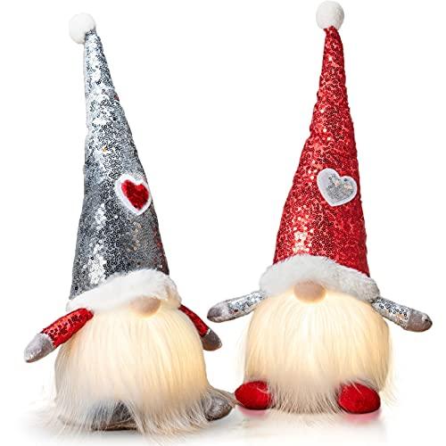 Couple Christmas Gnomes Light - 2Packs Handmade Santa Swedish Gnomes Plush with Sequins Long Hat Decorations Gift - If you say i do