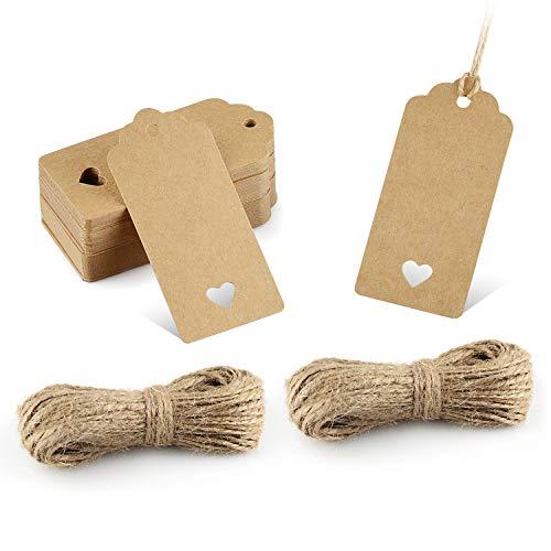 2 Hand Made Kraft Paper Gift Tags, Original Design 100 Round Tags with 66 Feet Natural Jute Twine Perfect for DIY & Crafts, Wedding Party Favor
