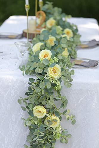 5 pcs 6.5ft Seeded Eucalyptus Garland with Yellow Flowers for Party Wedding Table Decor - If you say i do