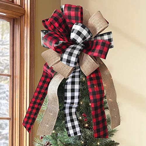 Handmade Christmas Tree Topper - Buffalo Plaid Red Black Burlap Decorative Bow - Rustic Farmhouse Xmas Decorations - If you say i do