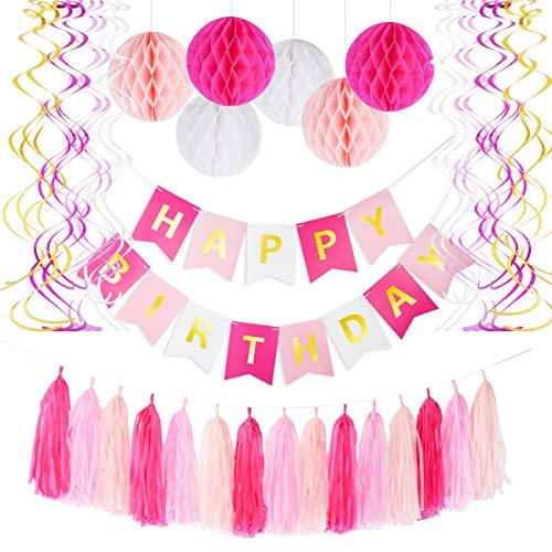 Pink Birthday Party Decoration Set - Birthday Party Supplies for Girls, Include Happy Birthday Banner, Tassel Garland, Honeycomb Balls - If you say i do