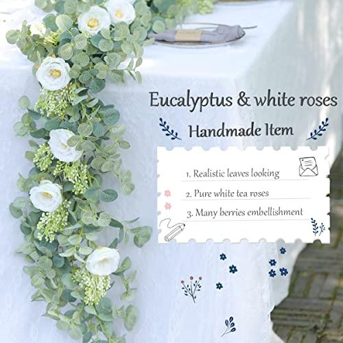 5 pcs 6.5ft Seeded Eucalyptus Garland with White Flowers for Party Wedding Table Decor - If you say i do