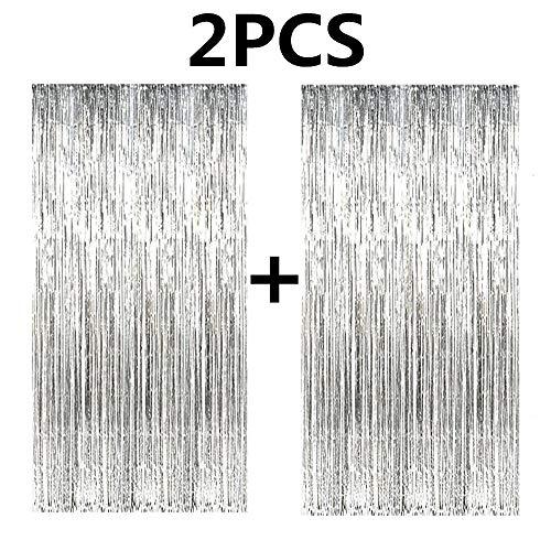 2pcs 3ft x 8.3ft Silver Metallic Tinsel Foil Fringe Curtains Photo Booth Props for Birthday Wedding - If you say i do