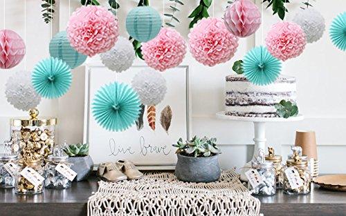 Teal Party Supplies for Bridal Baby Shower First Birthday Party Wedding Decorations (16pcs) Paper Honeycomb Ball Pom Poms Flowers - If you say i do