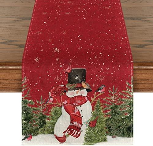 Snowman Christmas Birds Trees Table Runner, Winter Xmas Holiday Kitchen Dining Table Decoration - If you say i do
