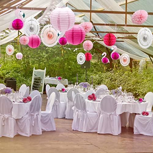 KAXIXI Tropical Pink Flamingo Party Honeycomb Decoration, Pom Poms Paper Flowers Tissue Paper Fan Paper Lanterns for Hawaiian Summer