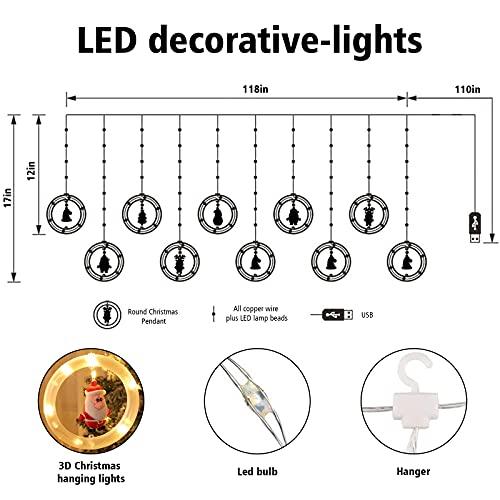 Christmas Curtain Lights Indoor Hanging Window Light 10 Stars Ring with Xmas  Ornaments - USB Remote Control 10ft Christmas Window Lights  Decorations(White)