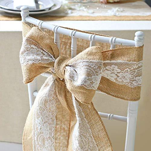 10Pcs Burlap Lace Chair Sashes Hessian Jute Chair Cover Bows Rustic Linen Lace Chair Bows for Wedding Decoration Home Décor (6ââ‚?x 94ââ‚? 10pcs) - If you say i do