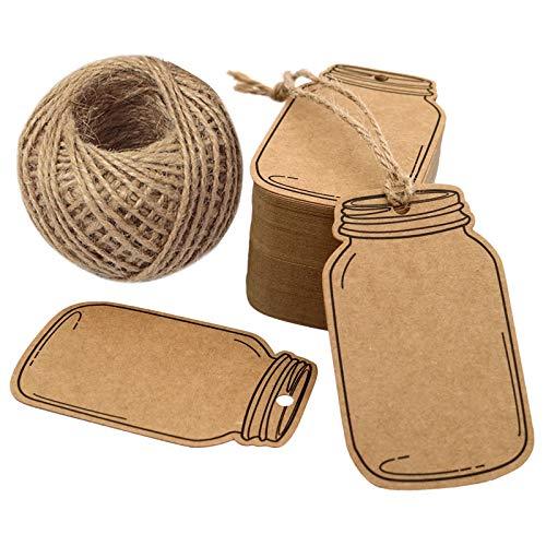 2.9" X 1.7" Vintage Style Mason Jar Shaped Tags,100PCS Brown Kraft Paper Gift Tags with 100 Feet Natural Jute Twine for DIY and Craft - If you say i do