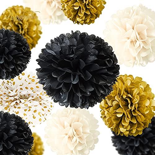 12 PCS Black Gold White Tissue Paper Pom Poms for Wedding, Birthday, New Years Eve Party 2022, Graduation Décor - If you say i do