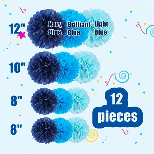 12 Pcs Tissue Pom Poms Kit, Tissue Paper Flowers for Birthday, Boy Baby Shower, Nursery, Graduation, Bachelorette Party Decoration (Blue Mix) - If you say i do