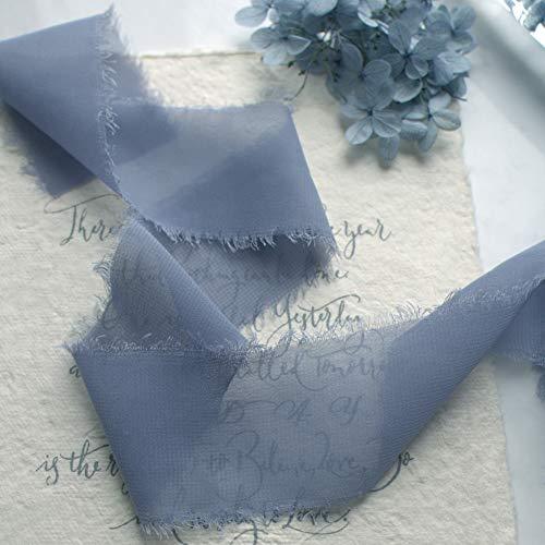 Dusty Blue Chiffon Ribbon Fringe Sample Color Swatches 1-3/4" x 5Yd, 4 Rolls Handmade Ribbons for Wedding Invitations Bouquets Backdrop Decorations - If you say i do