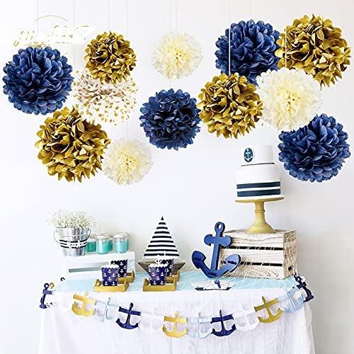 wonderfulshop Nautical Party Decor Pom Poms Tissue Paper Lanterns Navy Blue Decorations for Baby Shower Boy Scout Banquet Birthday Party