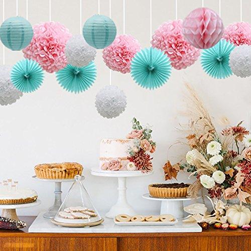 Teal Party Supplies for Bridal Baby Shower First Birthday Party Wedding Decorations (16pcs) Paper Honeycomb Ball Pom Poms Flowers - If you say i do