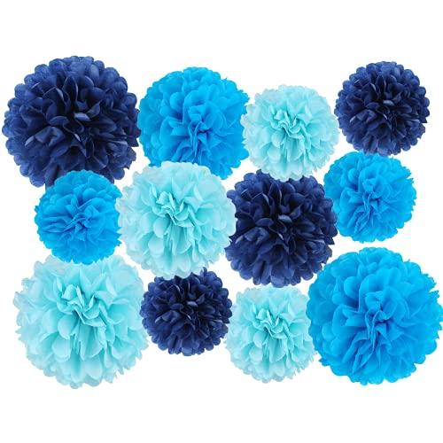 12 Pcs Tissue Pom Poms Kit, Tissue Paper Flowers for Birthday, Boy Baby Shower, Nursery, Graduation, Bachelorette Party Decoration (Blue Mix) - If you say i do