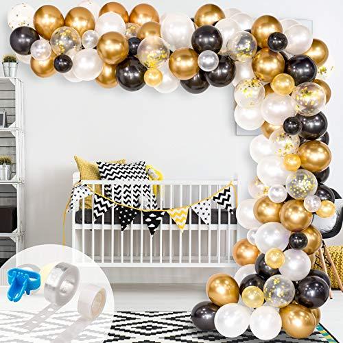 Zorpia Black Gold Balloons Garland Kit - 111 Pieces With Confetti, Marble Balloons, Strip & Dots For Birthday Party Decor