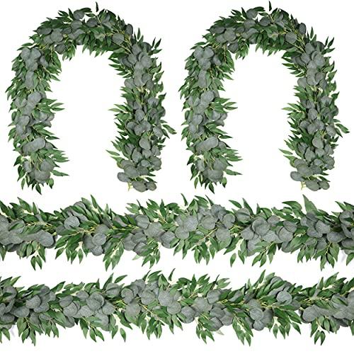 2 Pack Artificial Hanging Leaves Vines, 5.7 Ft Fake Willow Leaves Twigs  Silk Plant Leaves Garland String in Green for Indoor/Outdoor Wedding Decor
