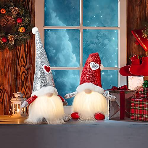 Couple Christmas Gnomes Light - 2Packs Handmade Santa Swedish Gnomes Plush with Sequins Long Hat Decorations Gift - If you say i do