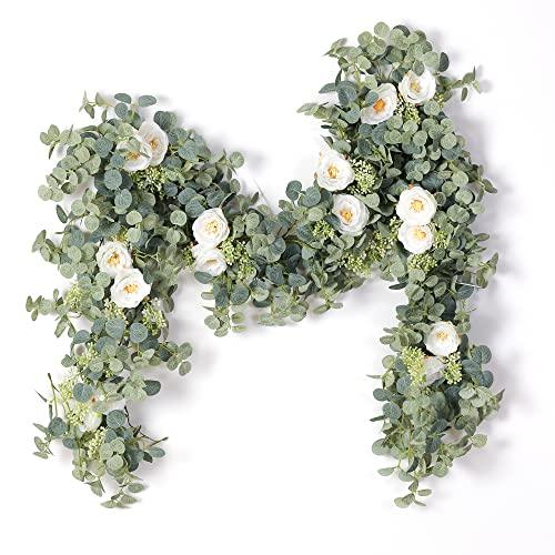 5 pcs 6.5ft Seeded Eucalyptus Garland with White Flowers for Party Wedding Table Decor - If you say i do