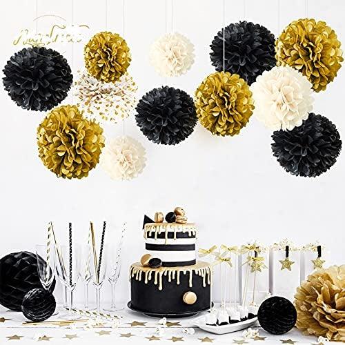 NICROLANDEE Black Gold Party Decorations - 12 Pcs Black Gold White Tissue Paper Pom Poms for Wedding, Birthday, Bachelorette