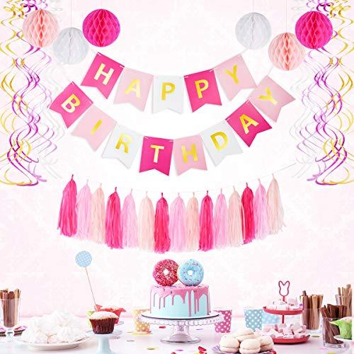 Pink Birthday Party Decoration Set - Birthday Party Supplies for Girls, Include Happy Birthday Banner, Tassel Garland, Honeycomb Balls - If you say i do