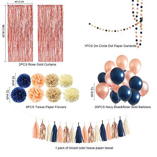 32 Pack Navy Blue Rose Gold Party Decoration Kit, Navy Rose Gold Balloons, Curtains, Paper Flowers, Tassel and Garland - If you say i do