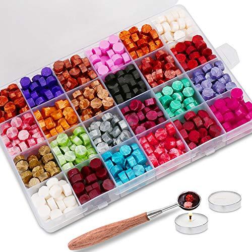 624PCS Sealing Wax Beads Packed in Plastic Box, with 2PCS Tea Candles and 1 PC Wax Melting Spoon for Wax Sealing Stamp (24 Colors) - If you say i do