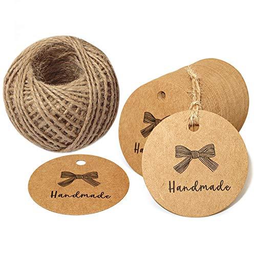 100PCS Handmade Tags, 5 cm / 2 inch Kraft Paper Hang Tags Round Tags Craft  Gift Tags with Natural Jute Twine Perfect for Arts & Crafts DIY Gift