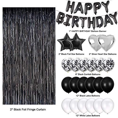 Black Birthday Party Decorations Set with Happy Birthday Balloons Banner,  Confetti Balloons, Foil Fringe Curtain for Birthday Party Supplies