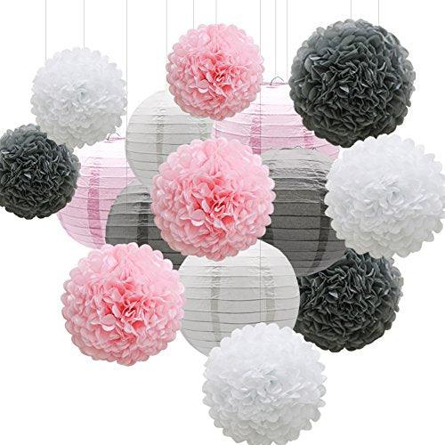 Hanging Party Decorations Set, 15pcs Pink Gray White Paper Flowers Pom Poms Balls and Paper Lanterns - If you say i do