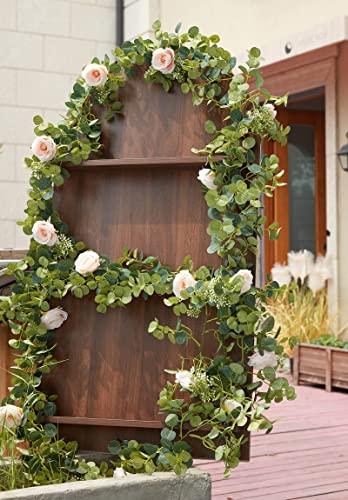 5 pcs 6.5ft Seeded Eucalyptus Garland with Pink Flowers for Party Wedding Table Decor - If you say i do