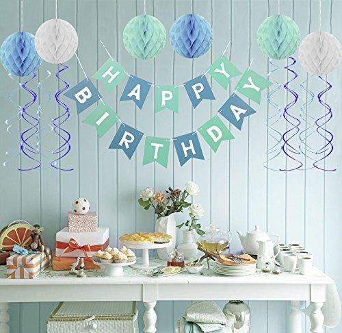 Fecedy Blue Happy Birthday Banner Honeycomb Balls Swirls Streamers for Birthday Party Decorations