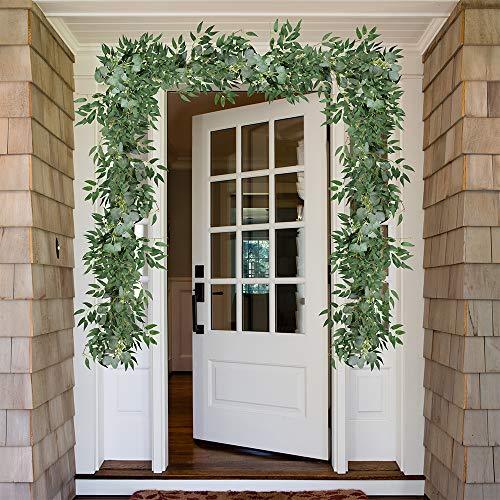 2 Pcs Fake Greenery Garlands Artificial Silver Dollar Eucalyptus Garland in Grey Green and Willow Twigs Garland for Rustic Wedding Arch and Decoration - If you say i do