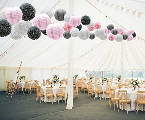 Hanging Party Decorations Set, 15pcs Pink Gray White Paper Flowers Pom Poms Balls and Paper Lanterns - If you say i do